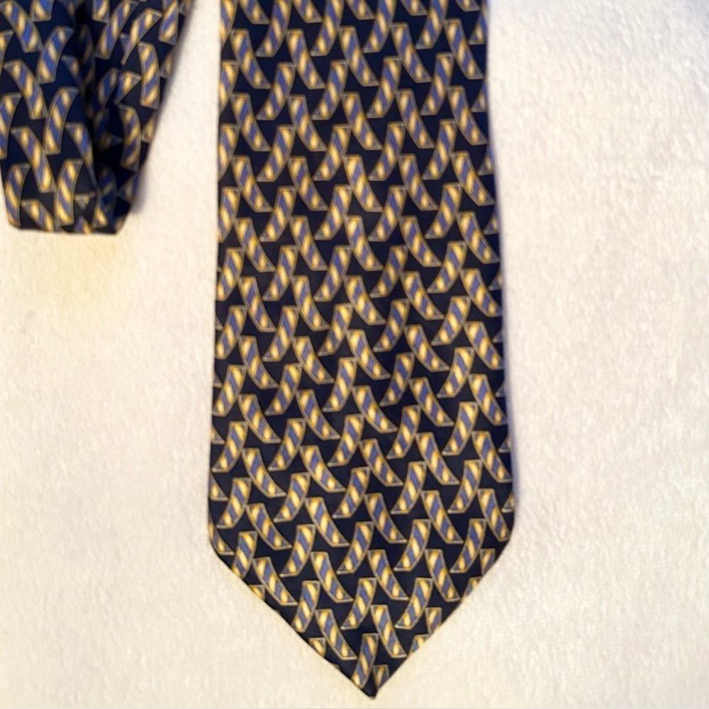 Lanvin Paris 100% Silk Neck Tie Navy Blue Yellow Abstract Print Made In France